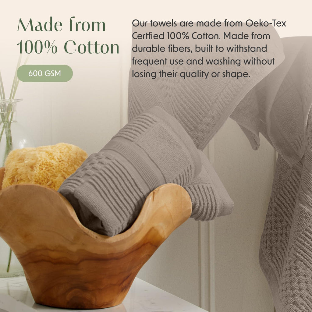 100% Cotton Bath Towel Set | 4-Pack | Textured | Brown | Luxury Geometric Design | Absorbent & Quick-Dry Bathroom