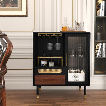 Modern Coffee Bar Cabinet with Pull-Out Wine Storage, Black | Bar Cart with Wine Glass Rack and Drawers, Liquor