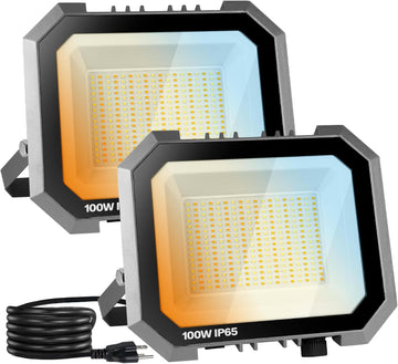 2 Pack 100W LED Flood Lights Outdoor, 3CCT Outside Work Light | 3000/4000/6000K Selectable, 100W 10000LM with 5.9FT