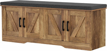 Farmhouse Shoe Storage Bench with 4 Barn Doors & Padded Seat Cushion | 47.2" Wide Entryway Bench with Adjustable
