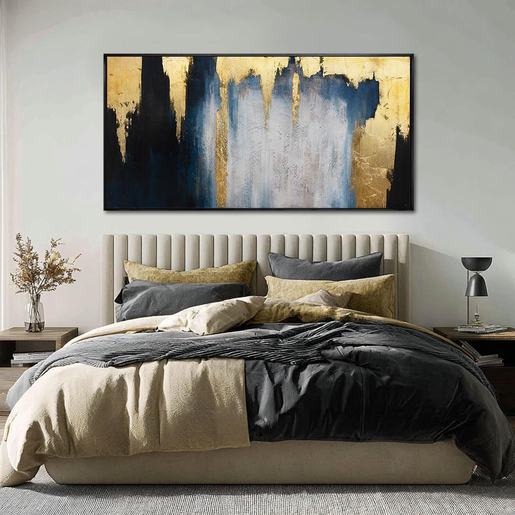 Abstract Blue and Gold Wall Art with Black Frame Modern Canvas Painting Large Artwork Bedroom Office Home