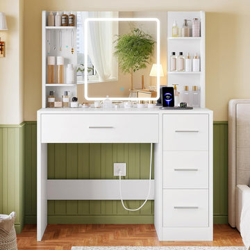 Vanity Desk with Mirror and Lights, Makeup Vanity with Power Outlet and 4 Drawers & 6 Shelves & 5 Hooks, 3 Color