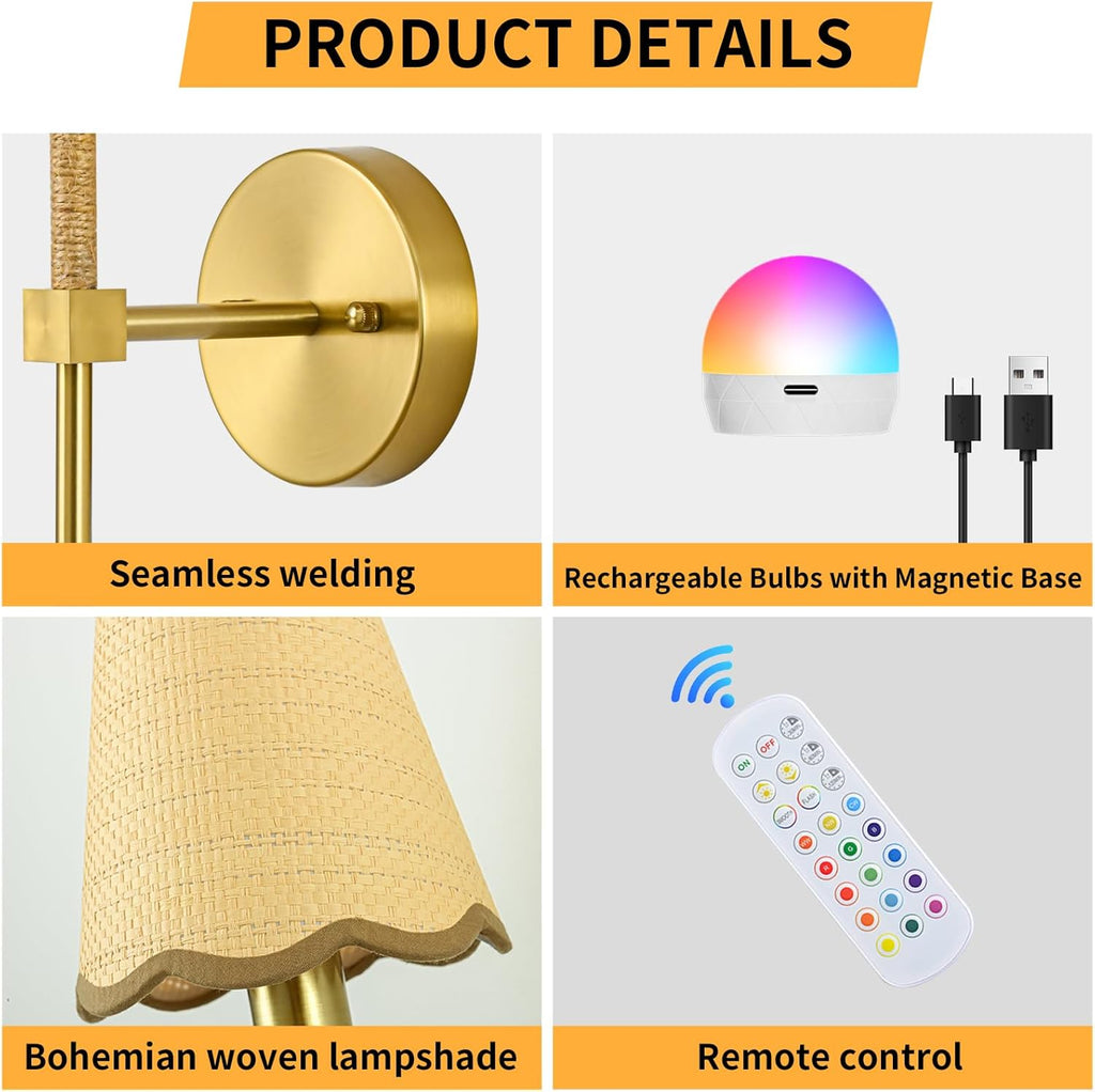Boho Battery Operated Wall Sconce Set of 2, Gold Wireless Rechargeable Wall Lights with Rattan Shade, 12 RGB and 3CCT