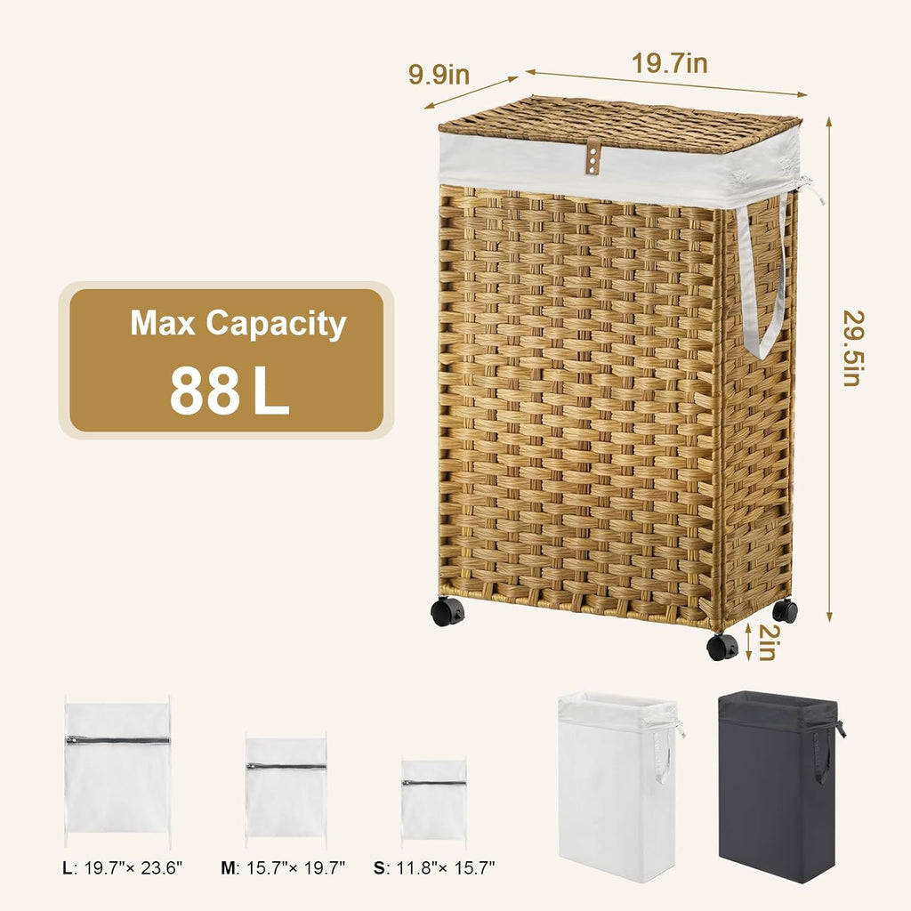 88L Slim Laundry Hamper with Wheels, 23.3 Gallon Rolling Laundry Basket with Lid, Tall and Narrow Laundry Hamper with