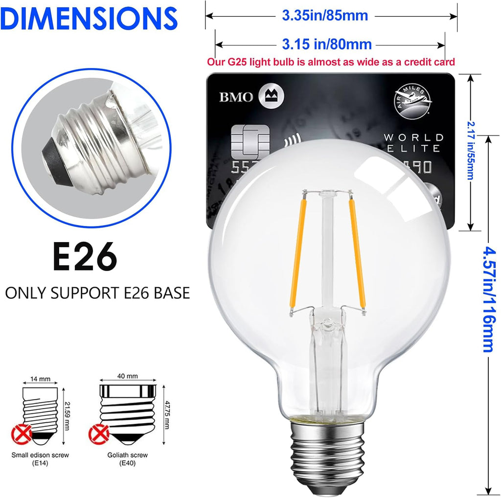 5W Dimmable G25 LED Globe Light Bulb, G25 LED Vintage Light Bulb, 60W Equivalent, 500Lumens, 2700K Soft White, E26 - Set of 6