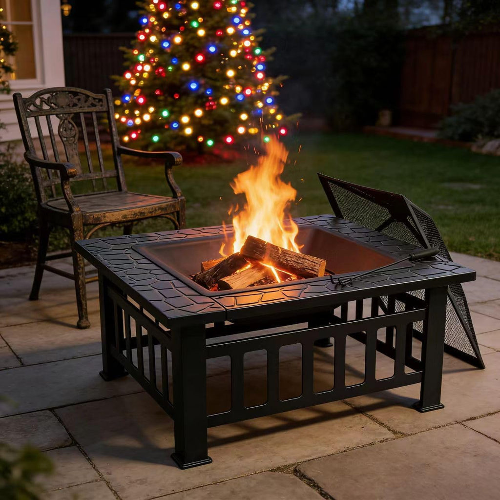 32 inch Outdoor Fire Pit with Grill for Outside Wood Burning, Square Metal Outside Fireplaces