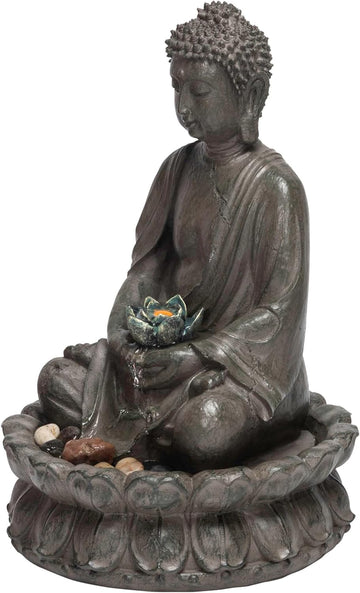 Indoor Tabletop Meditating Buddha Water Fountain with LED Lights and Lotus Flower, 19", Beige