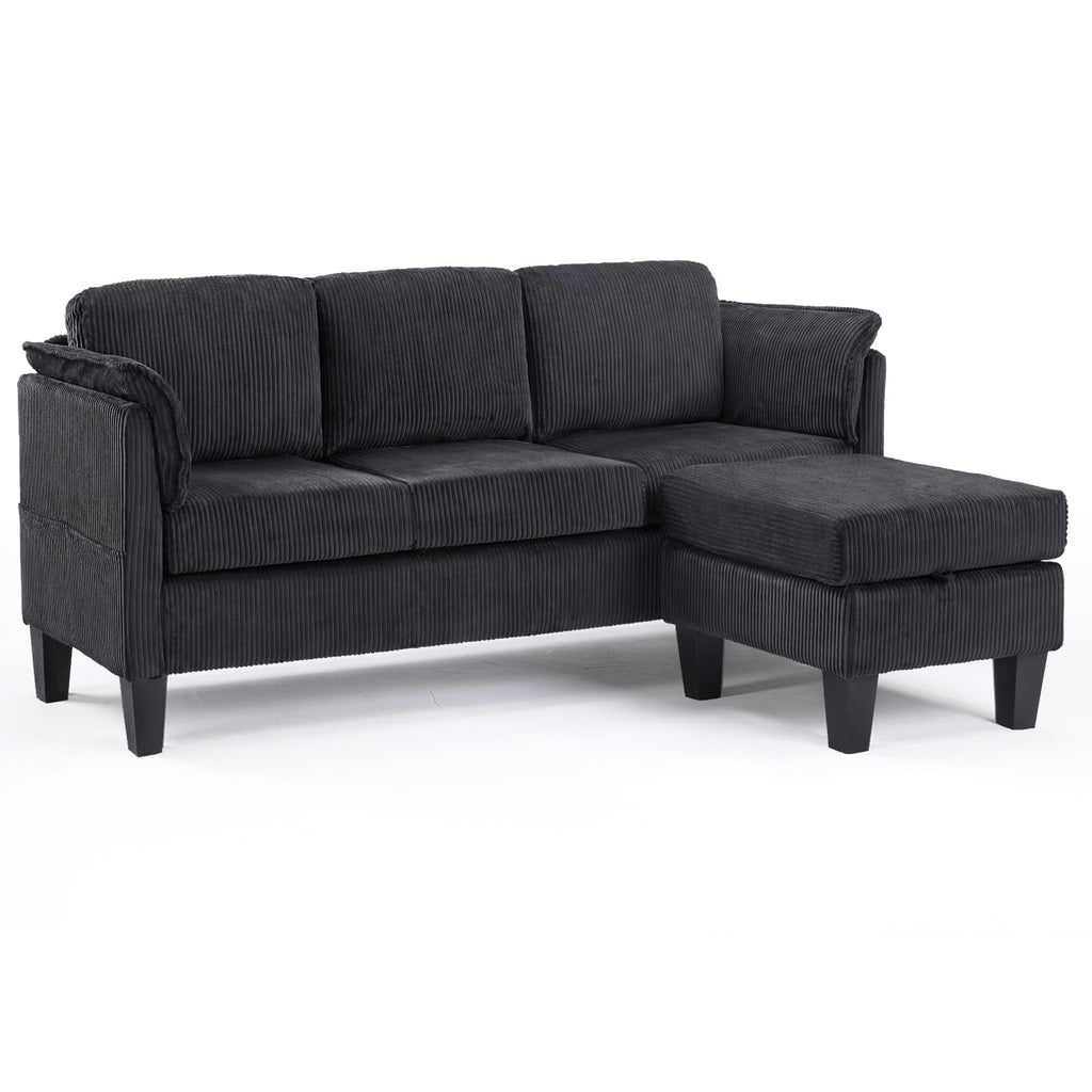Modern Convertible L Shaped Sofa with Reversible Chaise, 3-Seater Corduroy Couch with Storage Movable Ottoman