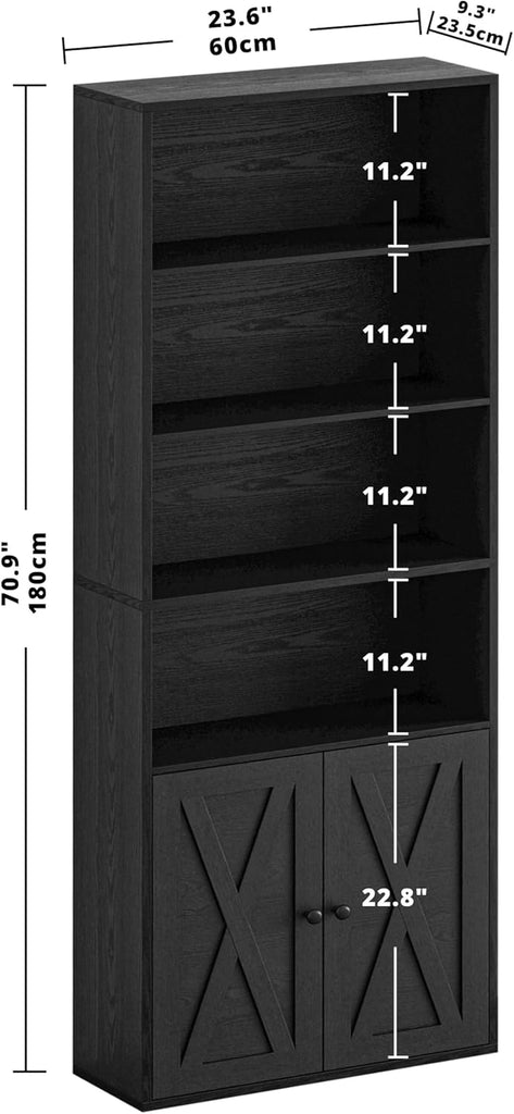 Industrial Bookshelves and Bookcases with Doors Floor Standing 6 Shelf Display Storage Shelves 70 in Tall Bookcase