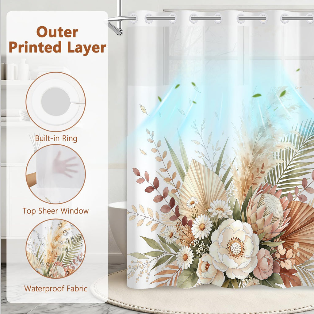 Boho Pampas Floral No Hook Shower Curtain with Snap in Liner Set 71x74 Inch