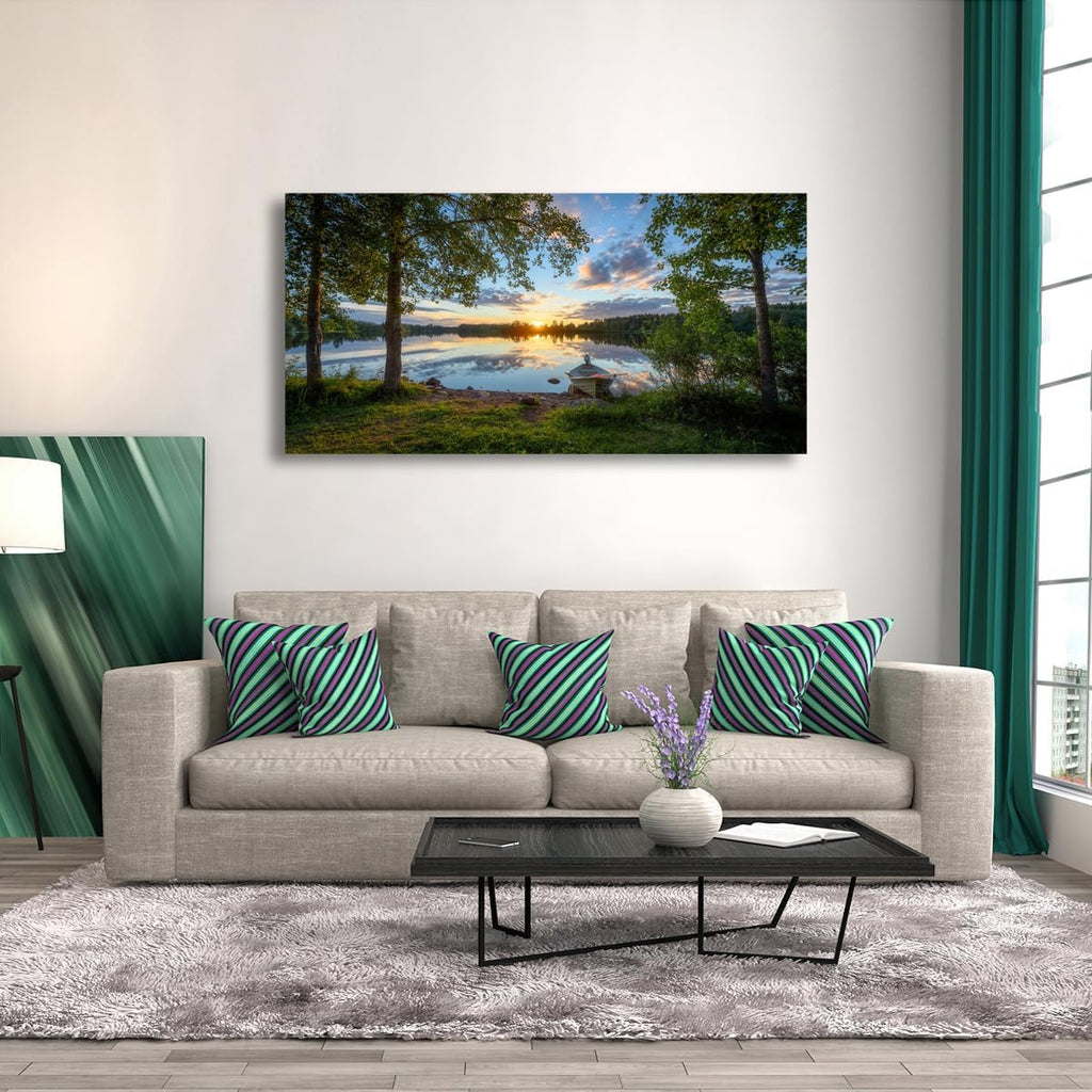 Tree Canvas Wall Art of a Sunrise Over a Forest Lake Nature Inspired Painting Perfect for Wall Decoration