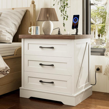 Farmhouse Nightstand with Charging Station, 24 Inch Bedside Tabe with 3 Drawers, Rustic End Table with USB and Outlet