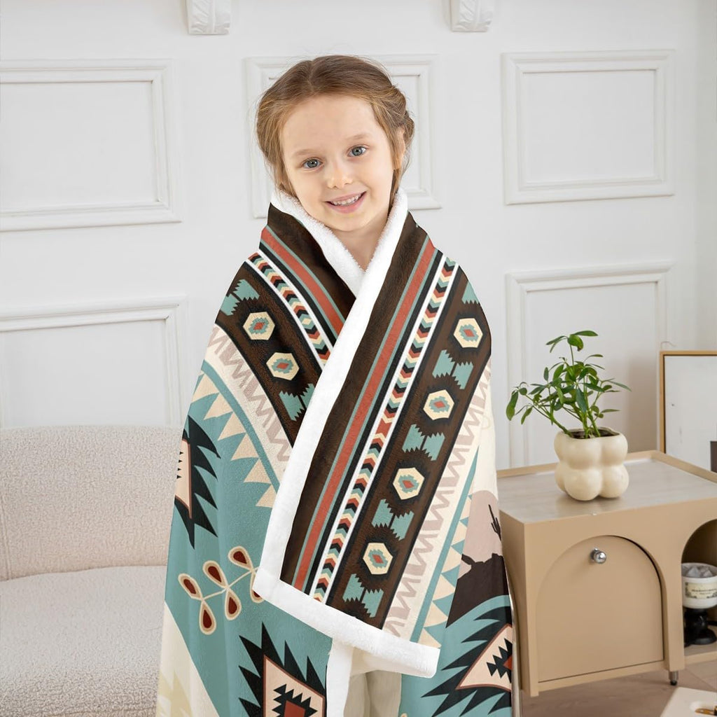 Western Cowboys Plush Throw Blanket,Boho Aztec Ethnic Flannel Fleece Blanket for Boys Girls Teens All Season,Bohemia
