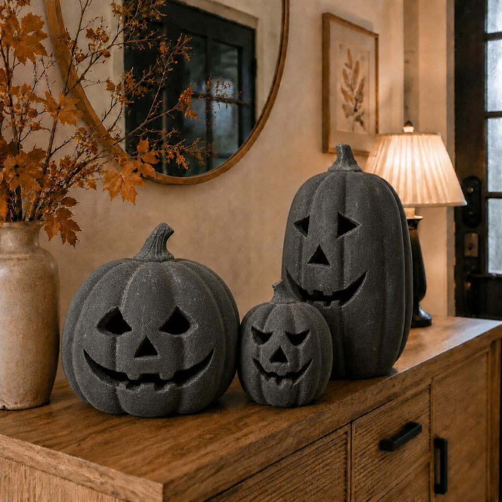 Halloween Decorations - Fall Decor - Black Handmade Terracotta Pumpkin Jack O' Lantern with Flameless Candle - Cute