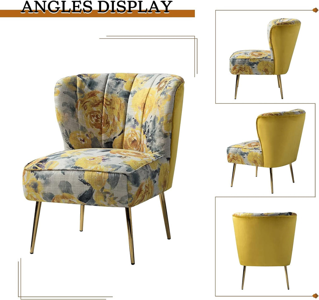 Accent Chair with Golden Legs, Comfy Tufted Wingback Living Room Chair Floral Fabric Small Armless Side Chair