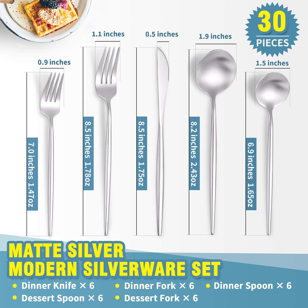 Matte Silverware Set for 6,Modern Stainless Steel Brushed Cutlery Set,30-Pieces Heavy Duty Flatware Set