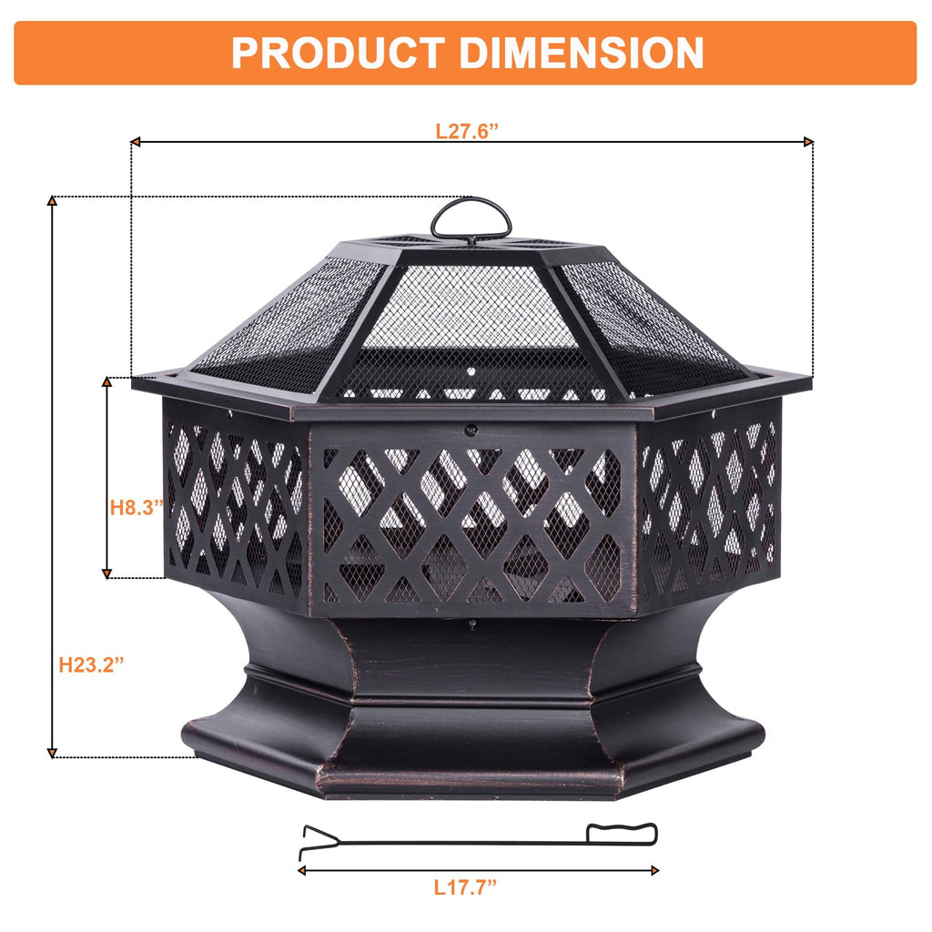 28Inch Outdoor Fire Pit, Hexagon Shaped