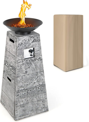 Propane Fire Bowl Column, Outdoor Burning Fire Bowl W/Lava Rocks & PVC Cover, 30,000 BTU Heat Output