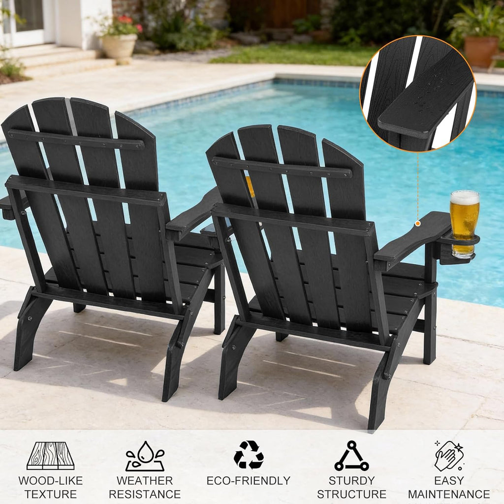 Folding HDPE Adirondack Chair 2-Pack, Gun-Leg Frame with Cupholder | All Weather Waterproof Heat Resistant, Wood