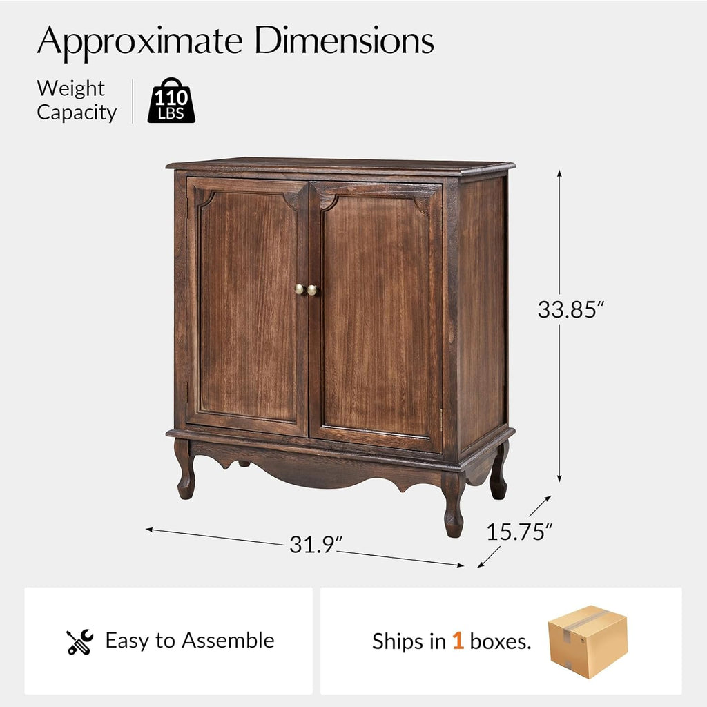 Solid Wood Sideboard with Adjustable Feet, 2 Shelves Storage Cabinet with Double Doors