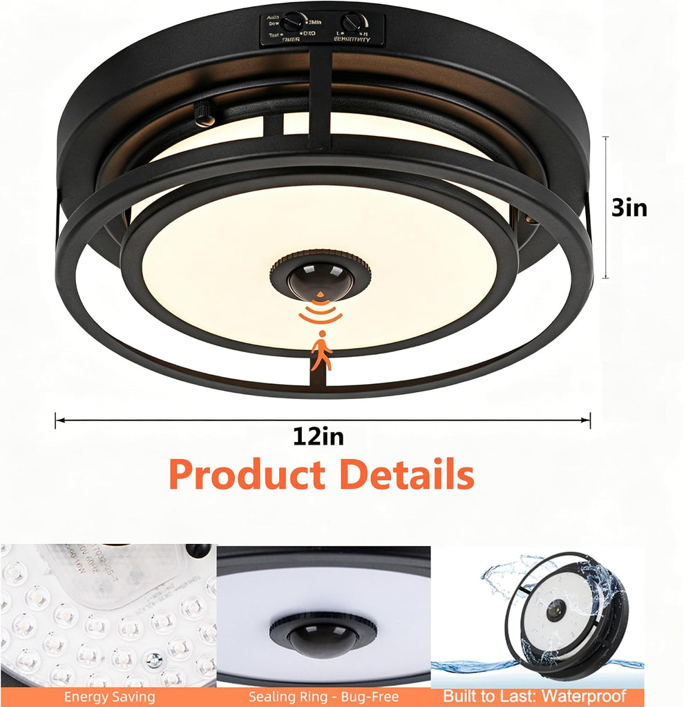 LED Motion Sensor Outdoor Ceiling Light, 12 Inch Motion Sensor Flush Mount Ceiling Light Fixtures