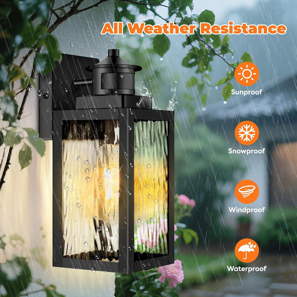 Motion Sensor Outdoor Lights Fixture, Dusk to Dawn Exterior Porch Light Wall Mount with Water-Rippled Glass
