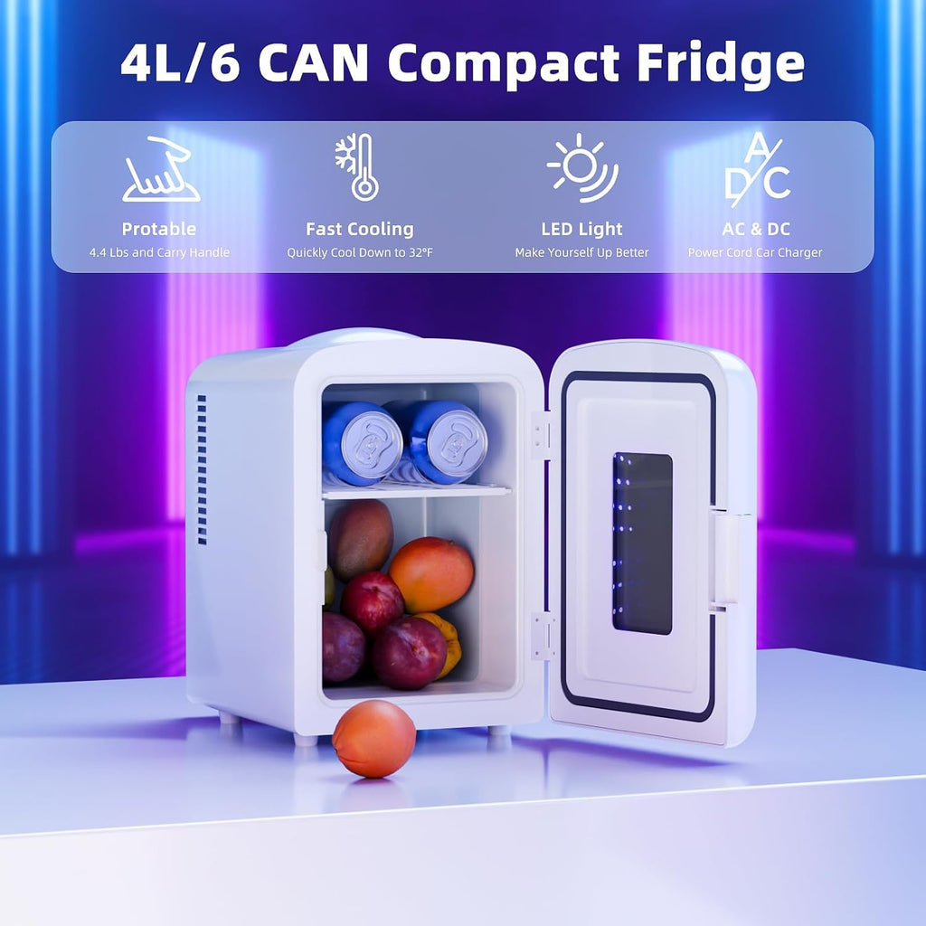 Mini Fridge 4 Liter/6 Cans Portable Mini Compact Refrigerator with Gaming Light, for Bedroom,Car,Office and Dorm