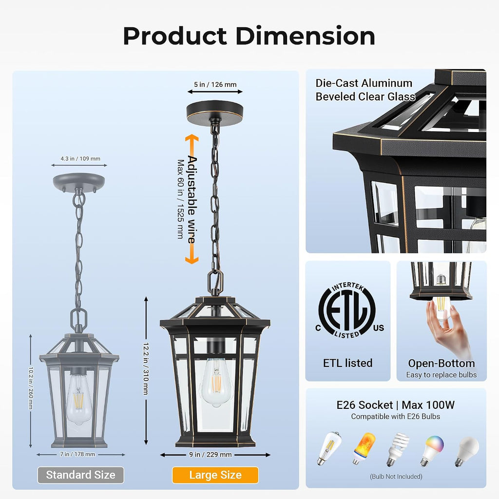 Large Outdoor Pendant Light with Adjustable Chain, Black Hanging Lights with Gold Trim
