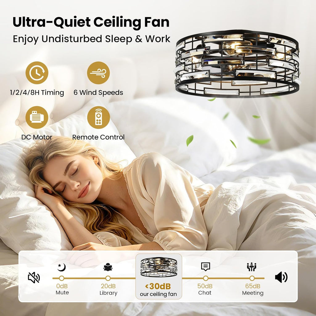 Crystal Caged Ceiling Fan with Light, 18.9'' Flush Mount Low Profile Fandelier, Black Industrial Farmhouse