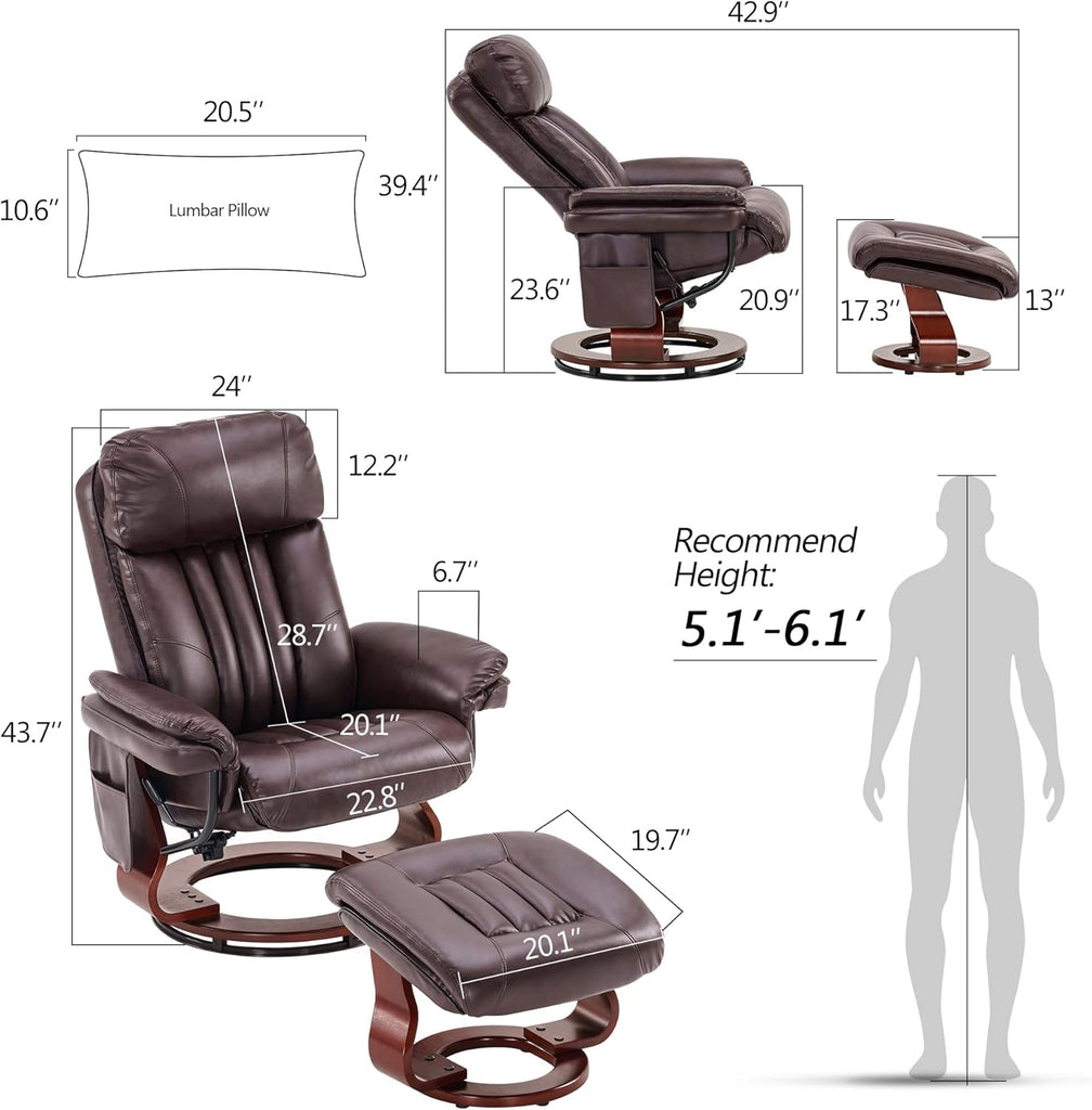 Modern Reclining Swivel Lounge Chair and Ottoman — Brown Faux Leather