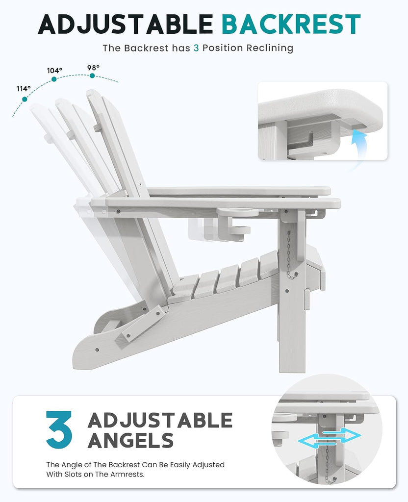 Folding Adjustable Adirondack Chairs Set of 2, Cup Holders, White | Adirondack Chair with 3 Recline Positions, All