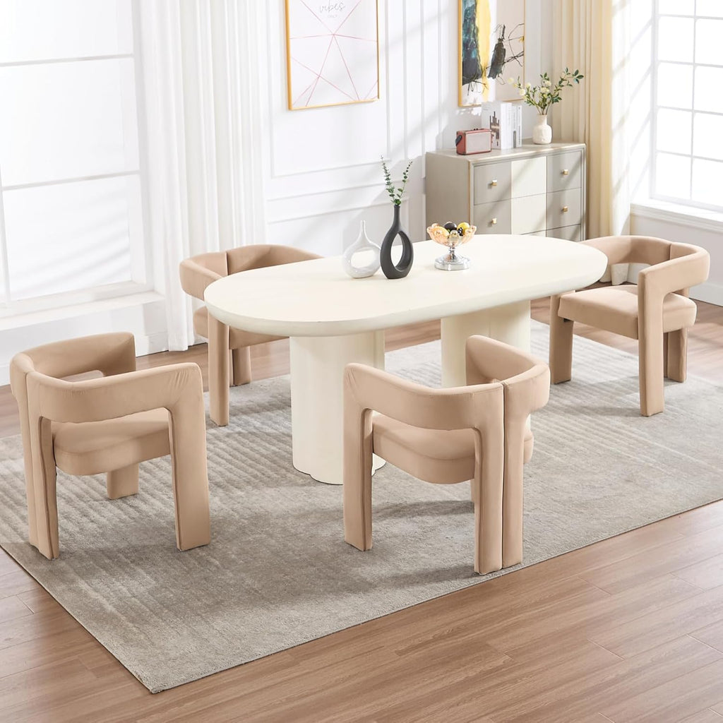 Modern Dining Chairs Set of 6, Upholstered Side Chairs Velvet Fabric Guest Chairs with Barrel Backrest Armchair for Dining Room Living Room, Khaki