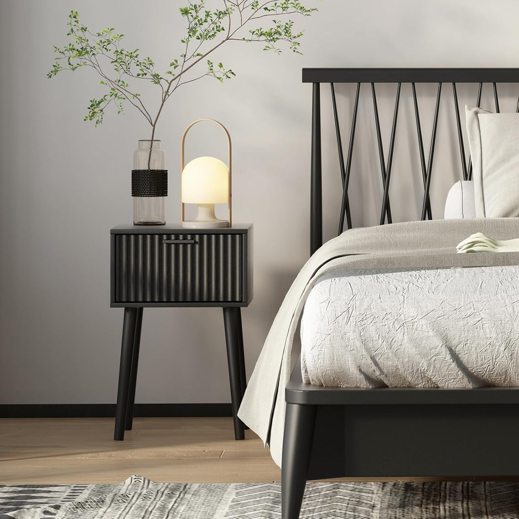 Nightstands Set of 2, Small Side Table, Bedside Table with Fluted Door, Solid Wood Feet, Modern Mid-Century End Table