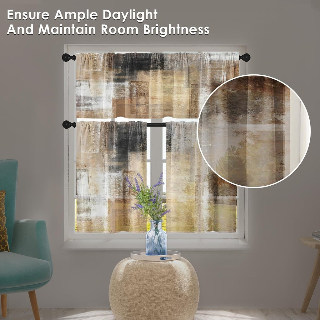 Brown Kitchen Window Curtains Valance and Tier Set, Grey Beige Modern Rod Pocket Short Tier Curtain, Abstract
