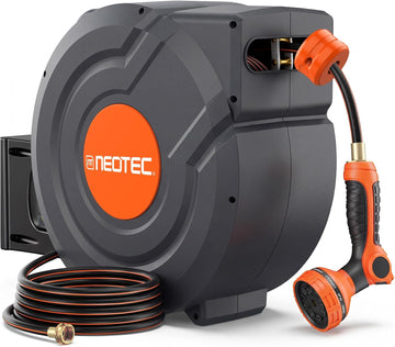 Upgraded Retractable Garden Hose Reel 5/8 inch x 100 ft Wall-Mounted 9 Pattern Nozzle Any Length Lock Automatic Slow