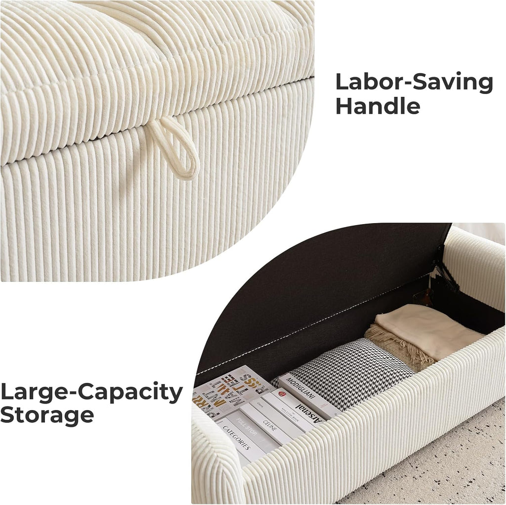 Oversized Corduroy Ottoman Bench with Storage, Upholstered End of Bed Bench , Ottoman Foot Rest , Beige