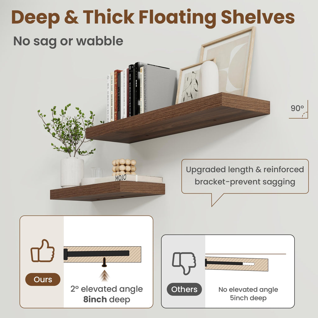 30 Inch Floating shelves for Wall, 8 Inch Deep, Invisible Brackets, Walnut