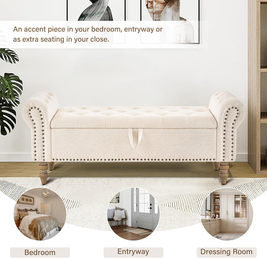 Storage Bedroom Bench for End of Bed, Faux Linen Upholstered Storage Ottoman with Rolled Arms , 2.5Cubic Feet