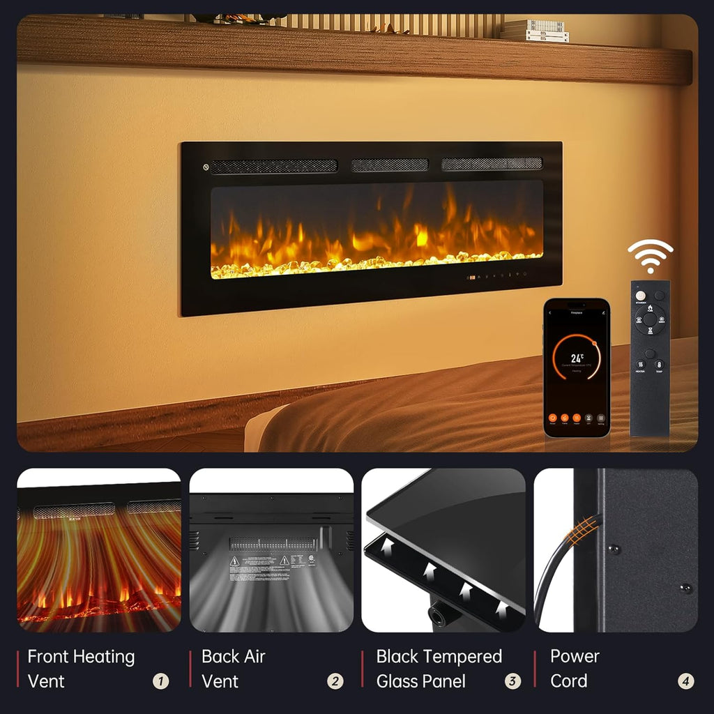 50” Smart Electric Fireplace Heater, Compatible with Alexa & Google Home, Wall Mount