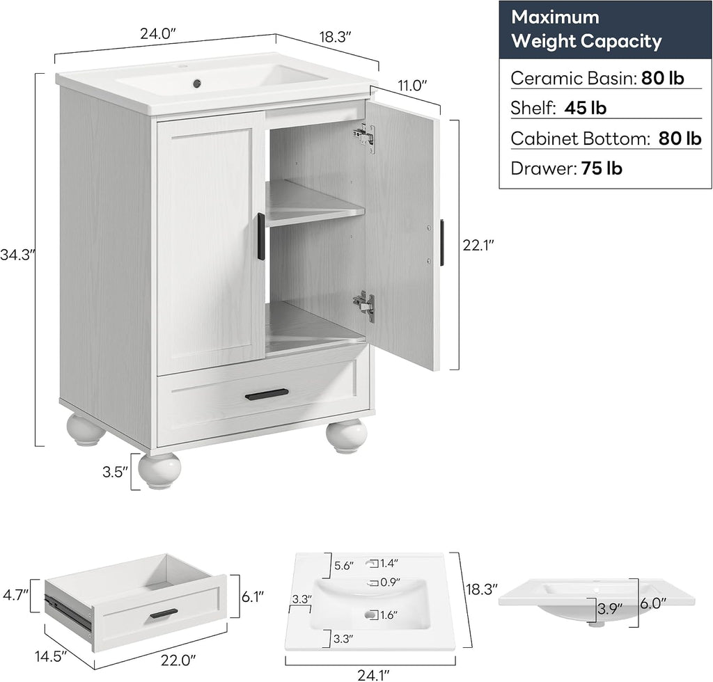 24" Bathroom Vanity with Ceramic Sink - Freestanding Cabinet with 2 Doors, 1 Drawer & Wood Legs