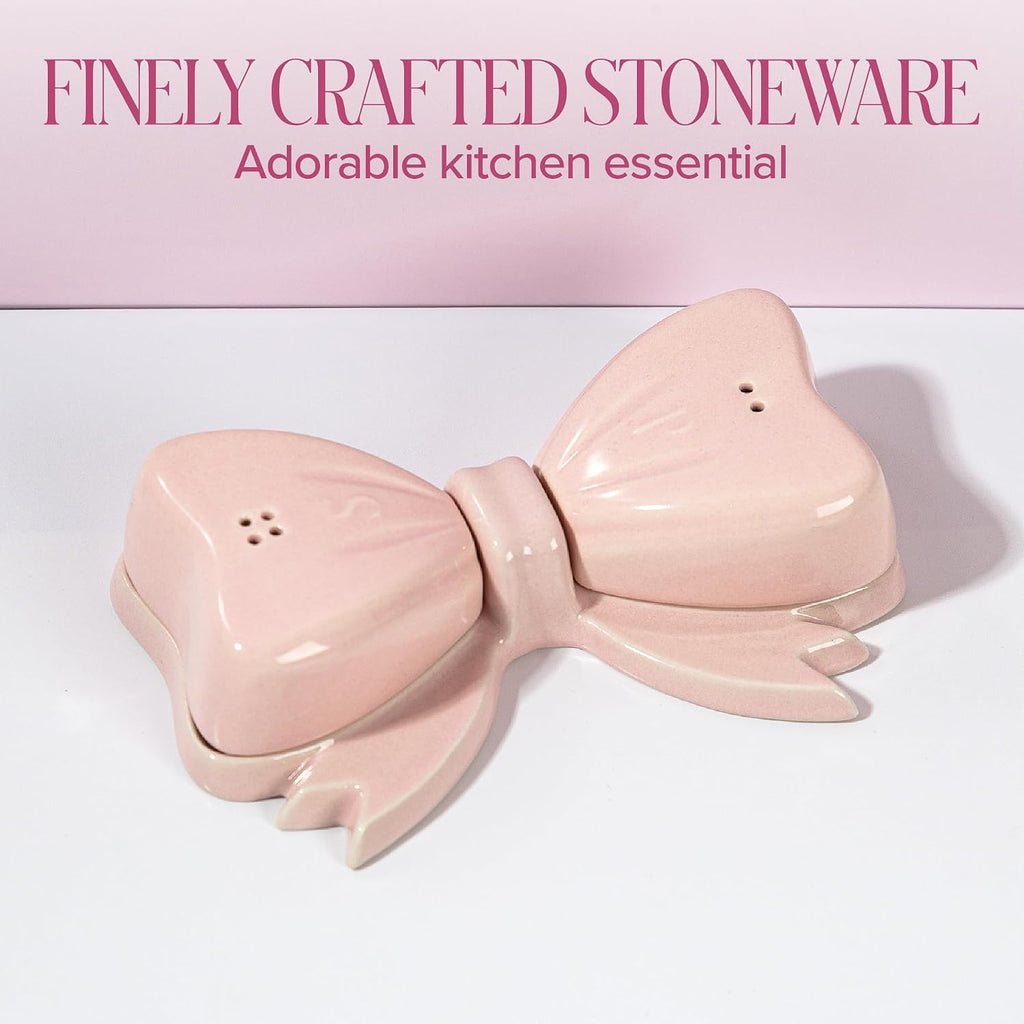 3-Piece Bow Shaped Salt and Pepper Shaker Set, Iconic Ceramic Stoneware With Matching Tray, Pink