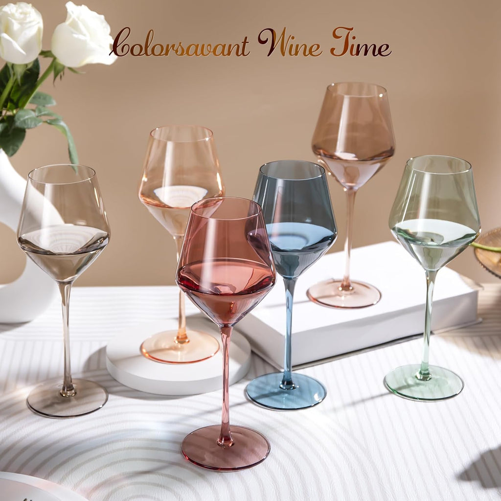 Colored Wine Glasses Set of 6-16OZ Colorful Wine Glass with Stem【HandBlown】 Muted Wine Glasses Colored Set,Wine Gifts