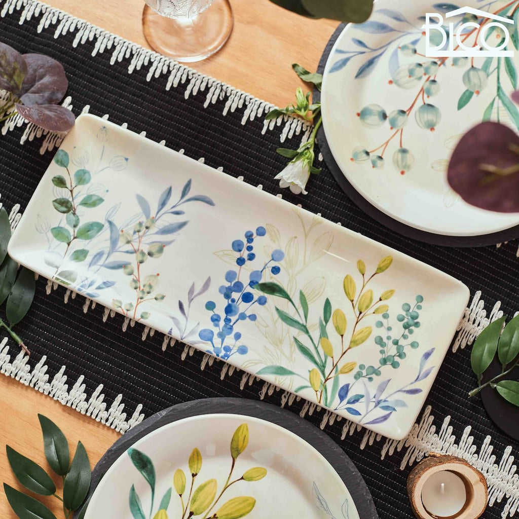 Botanical Valley Ceramic 14 inch Rectangular Serving Platter, Set of 2, for Serving Salad, Pasta, Cheese, Ham