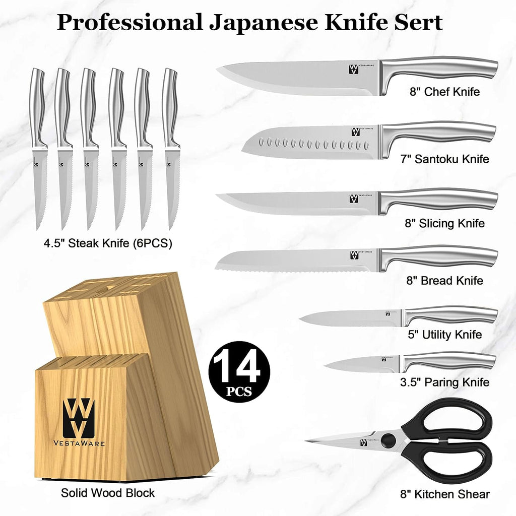 14 Piece Kitchen Knife Block Set, Natural Wood Block, Dishwasher Safe | Razor-Sharp Japanese Stainless Steel Knife