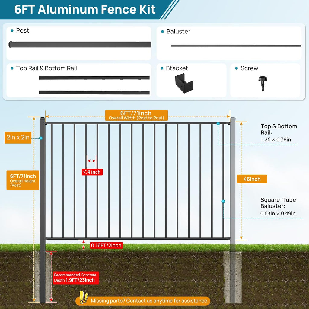 4 ft. H x 6 ft. W Aluminum Boundary Fence Kit, Rustproof AAMA 2604 Powder-Coat Finish Black Textured, Modular Fence
