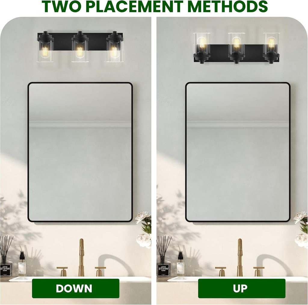 Bathroom Vanity Light, 3-Light Modern Black Vanity Light Fixtures with Clear Glass Shade, 22in Matte Black Bathroom