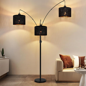 Dimmable Floor Lamp-3 Lights Arc Floor Lamps,Modern Tall Standing Lamp With Black Drum Hollow-carved Linen Shades