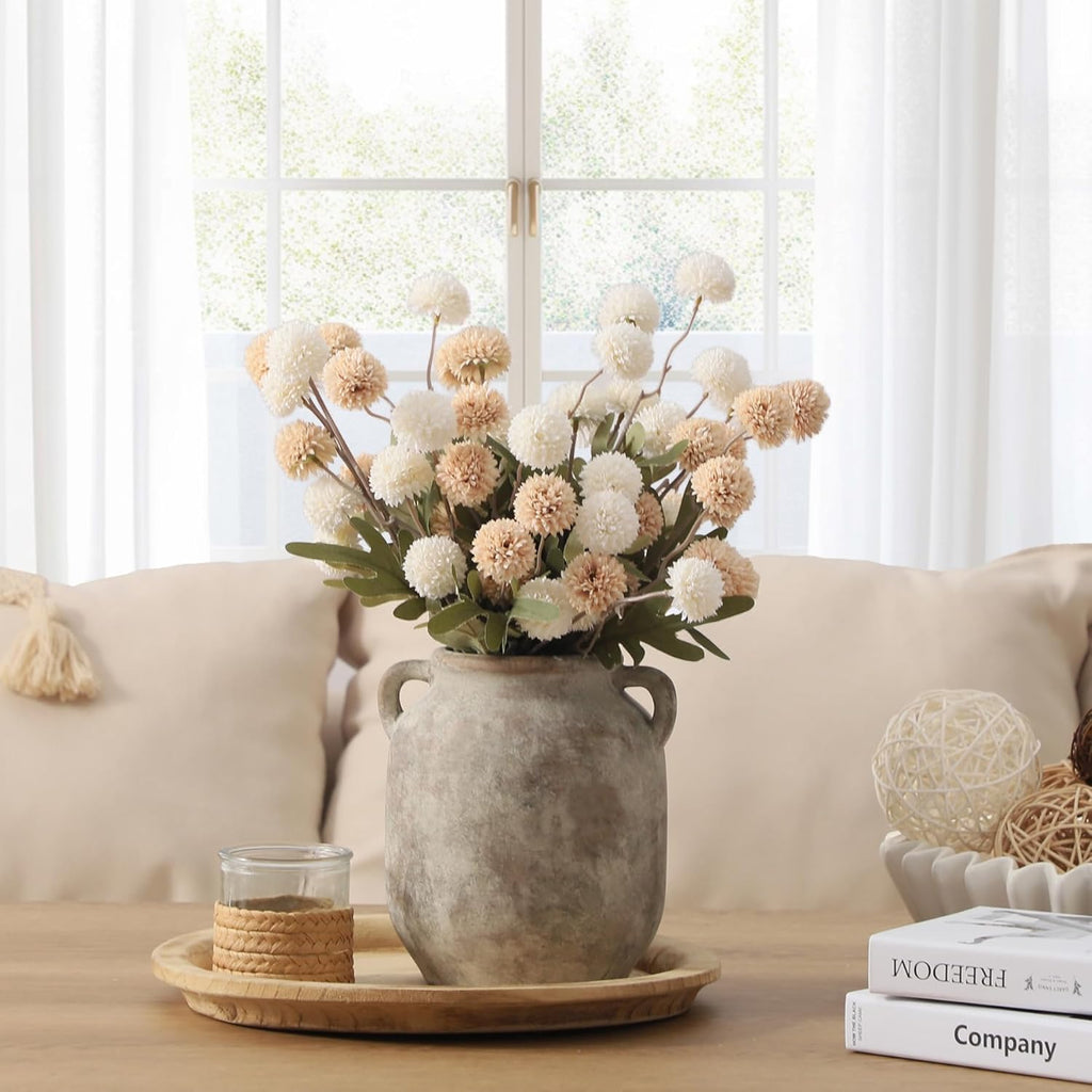 Ceramic Flower Vase Home Decor - 7.6 Inch Farmhouse Rustic Table Vases with Handle Living Room Decoration Decorative