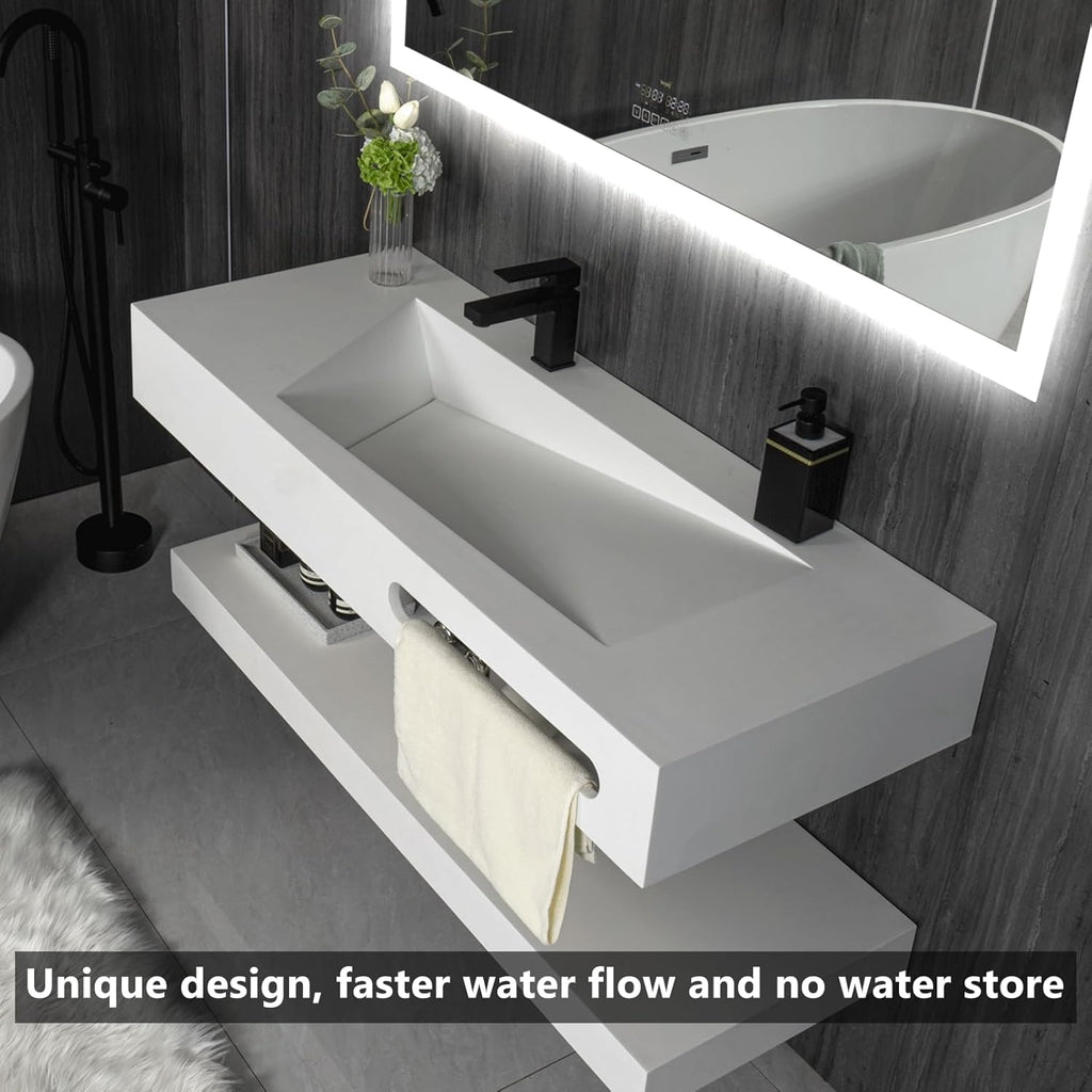 48"x19" Wall-Mount Stone Resin Bathroom Sink Rectangular Vessel Sinks for Bathroom Floating Vanity Sink Trough