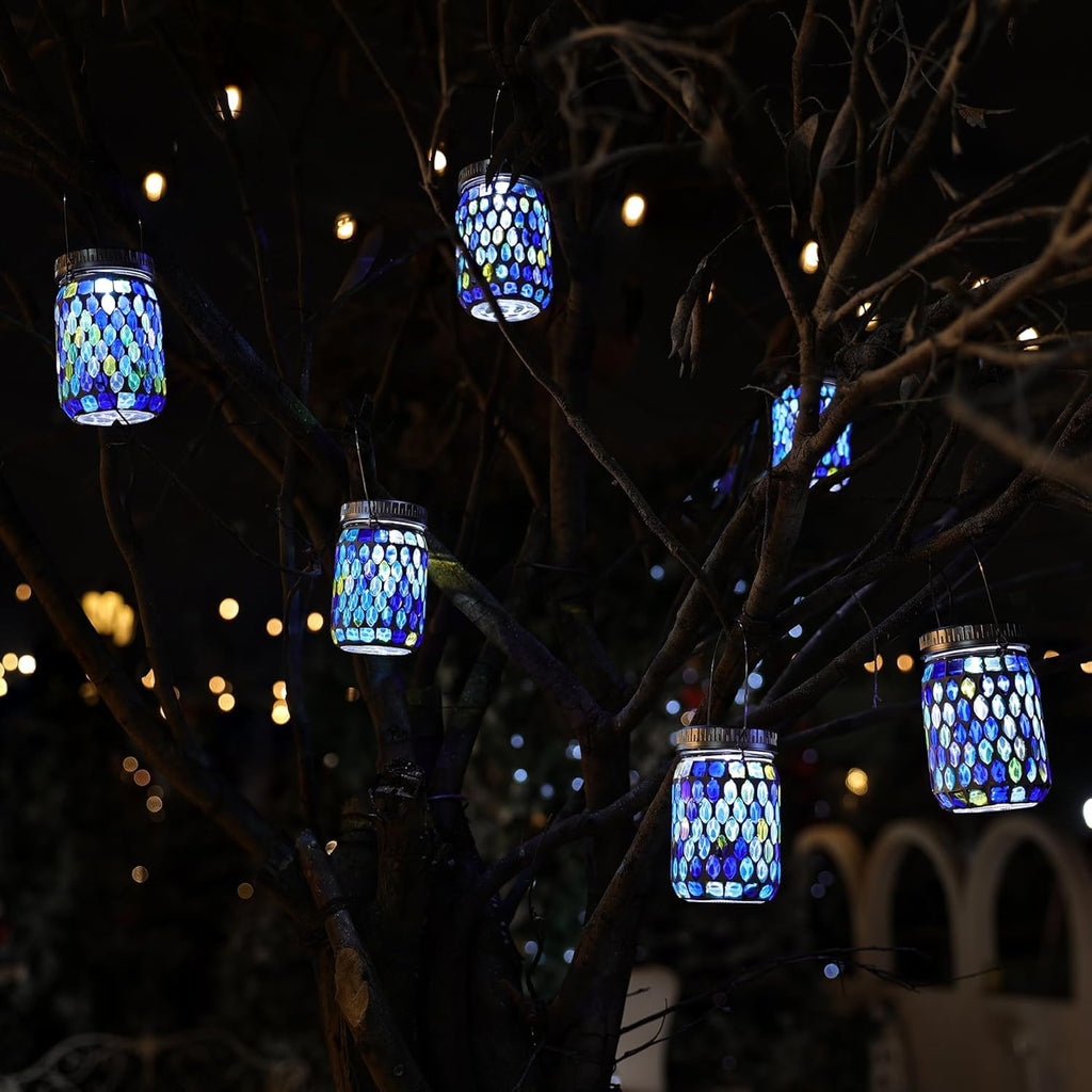 6 Pack Mosaic Solar Lanterns Outdoor Waterproof Handmade Patch Jar